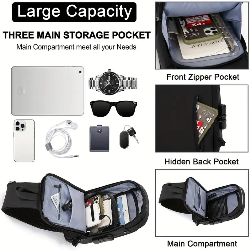 Unisex Sling Bag with USB Charging Port & pin lock